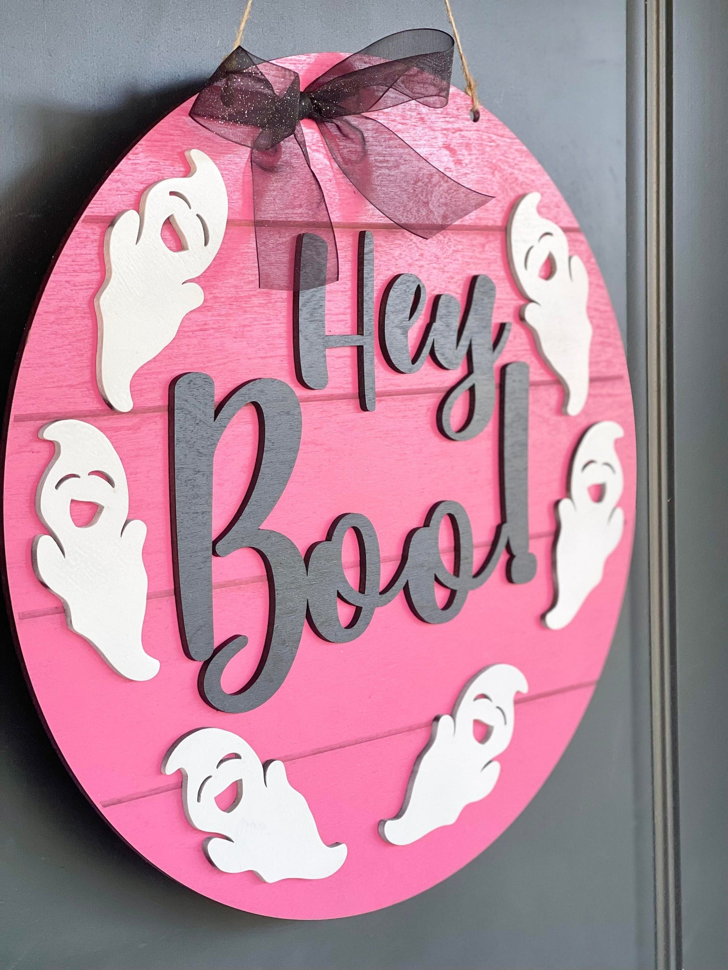Hey boo! Pink Halloween Door Hanger - Outdoor Halloween Decor - Halloween Signs - Halloween Wall Signs - Girly Halloween - Pink Halloween