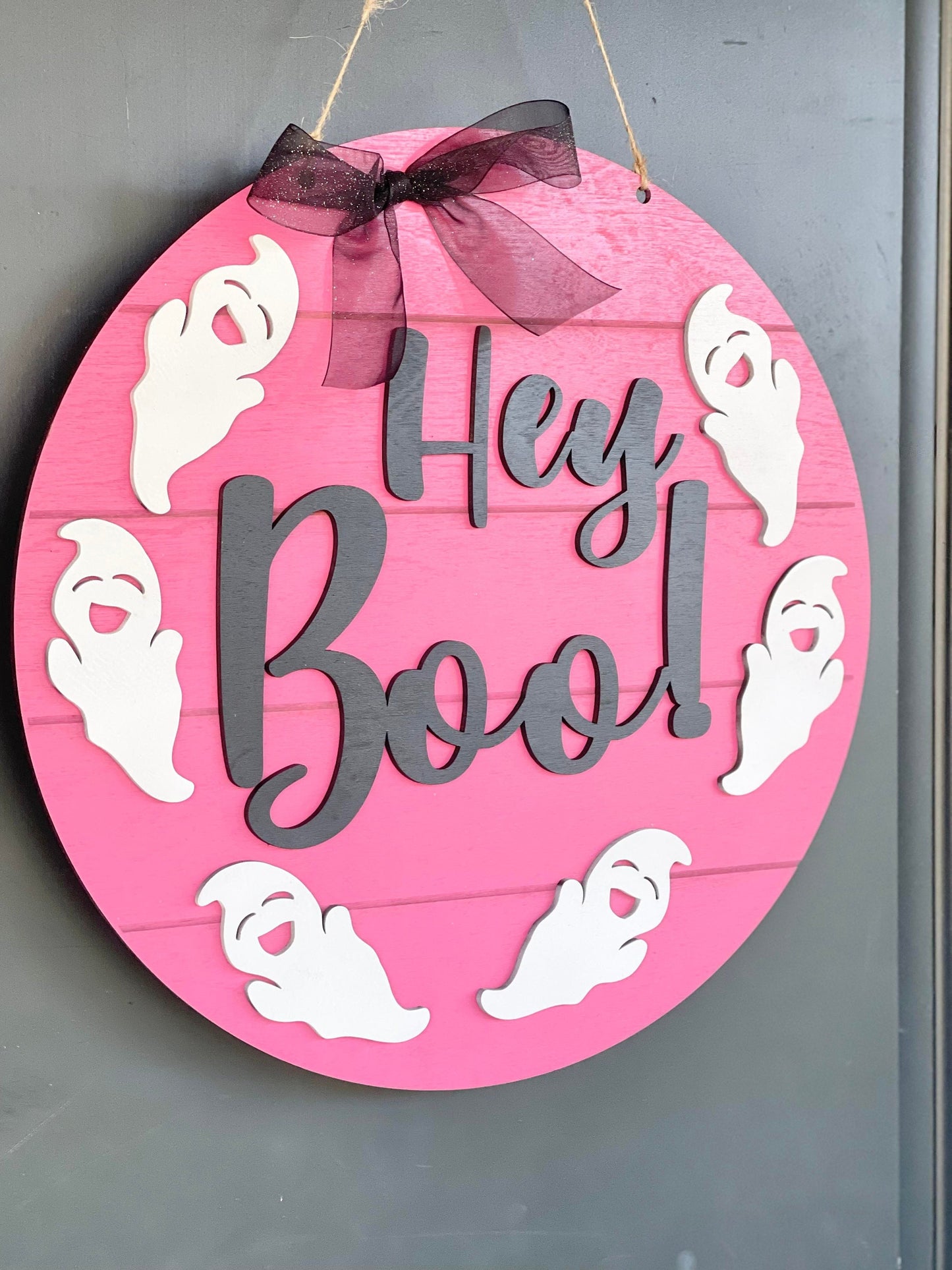 Hey boo! Pink Halloween Door Hanger - Outdoor Halloween Decor - Halloween Signs - Halloween Wall Signs - Girly Halloween - Pink Halloween