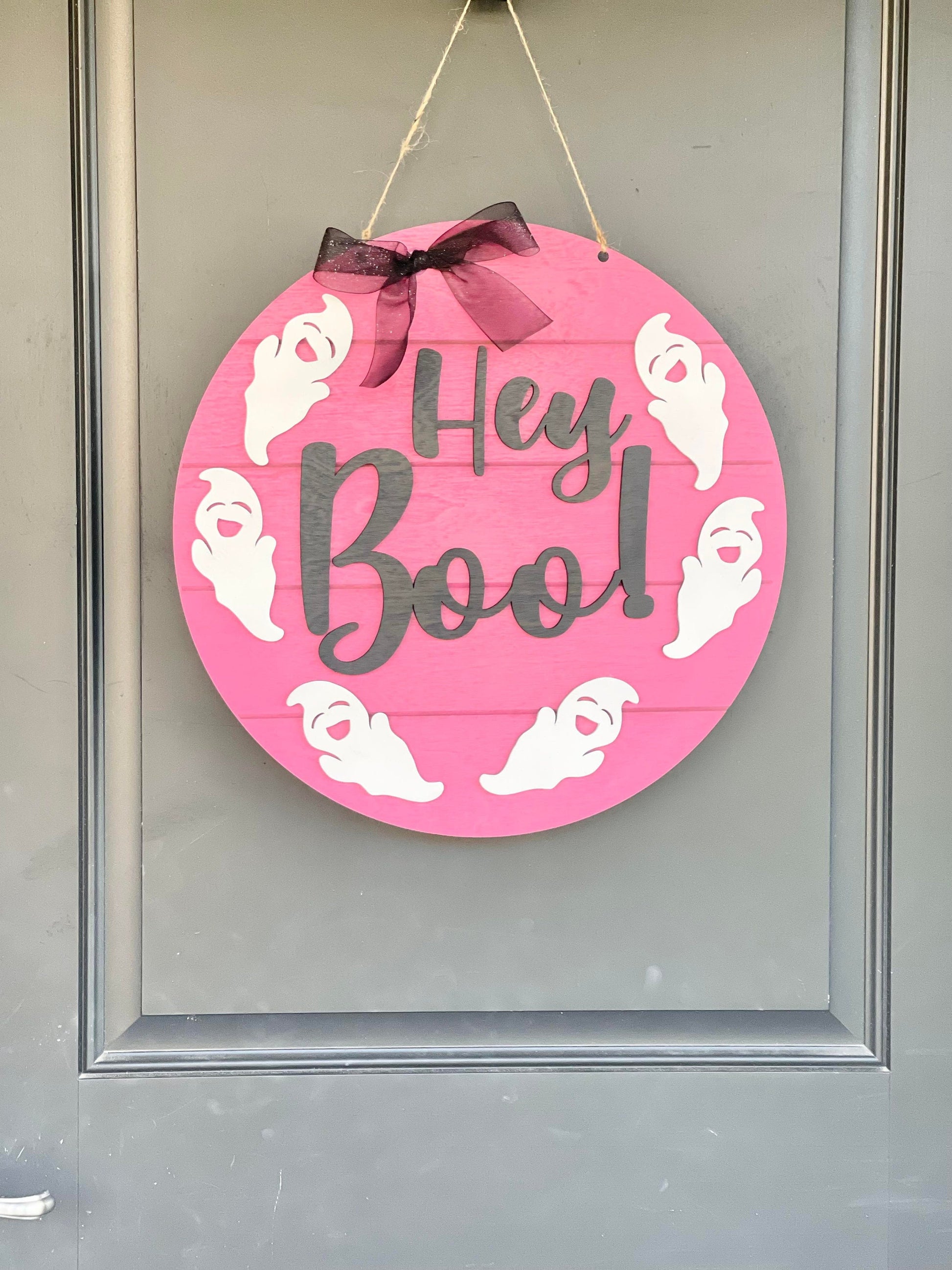 Hey boo! Pink Halloween Door Hanger - Outdoor Halloween Decor - Halloween Signs - Halloween Wall Signs - Girly Halloween - Pink Halloween