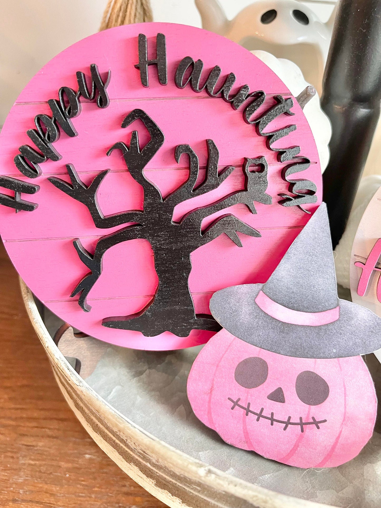 Pink Halloween Tiered Tray Decor - Pink Halloween Tiered Tray Bundle - Pink Halloween Signs - Pastel Halloween Decor - Girly Halloween Decor