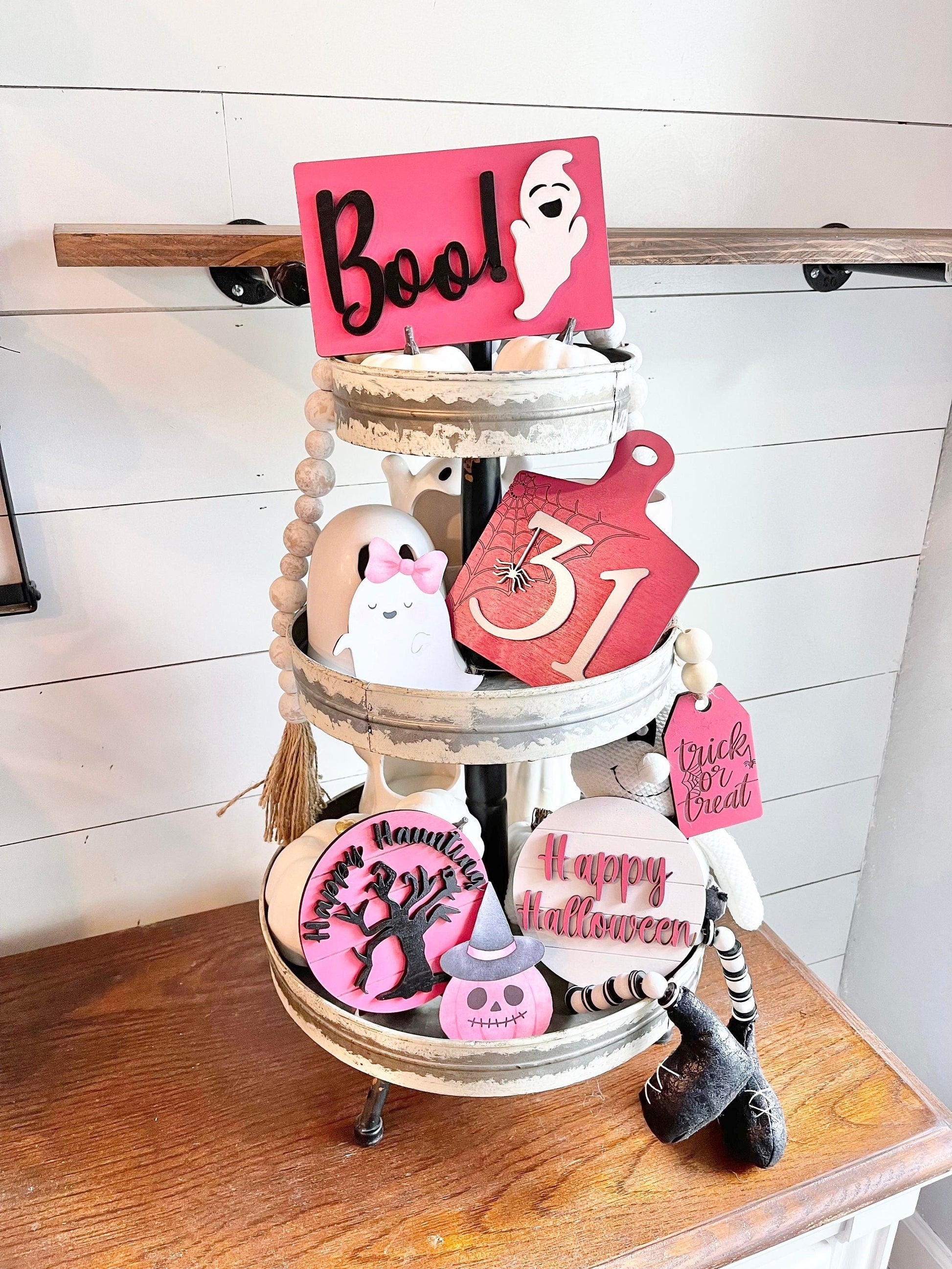 Pink Halloween Tiered Tray Decor - Pink Halloween Tiered Tray Bundle - Pink Halloween Signs - Pastel Halloween Decor - Girly Halloween Decor