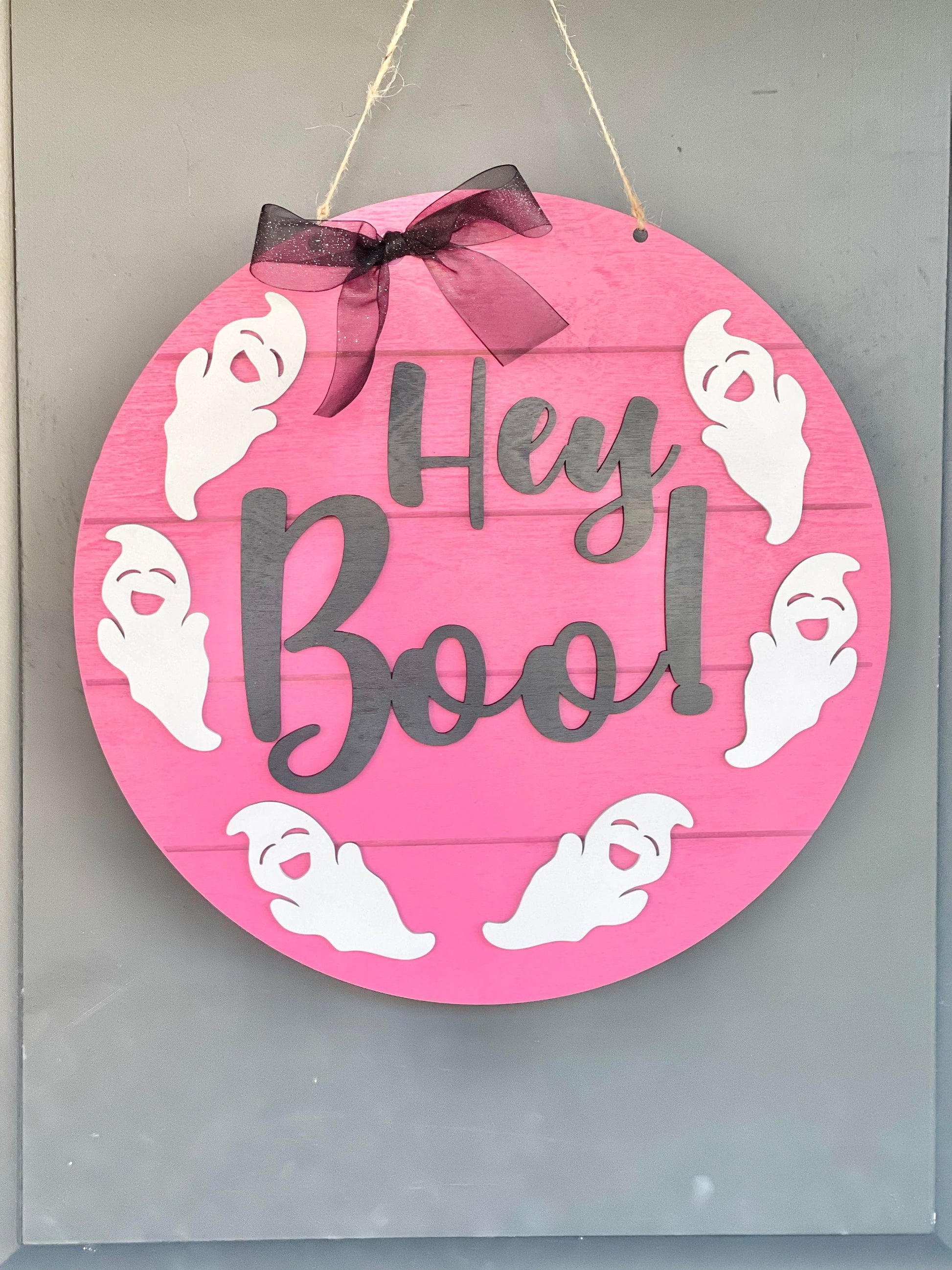 Hey boo! Pink Halloween Door Hanger - Outdoor Halloween Decor - Halloween Signs - Halloween Wall Signs - Girly Halloween - Pink Halloween