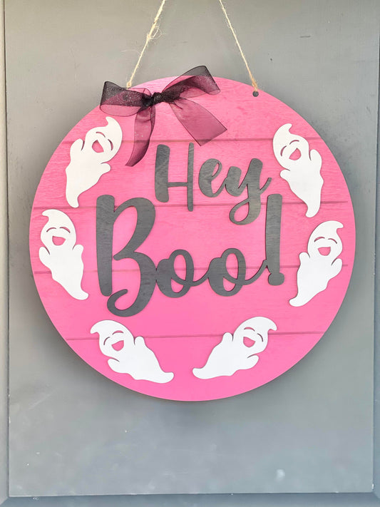 Hey boo! Pink Halloween Door Hanger - Outdoor Halloween Decor - Halloween Signs - Halloween Wall Signs - Girly Halloween - Pink Halloween