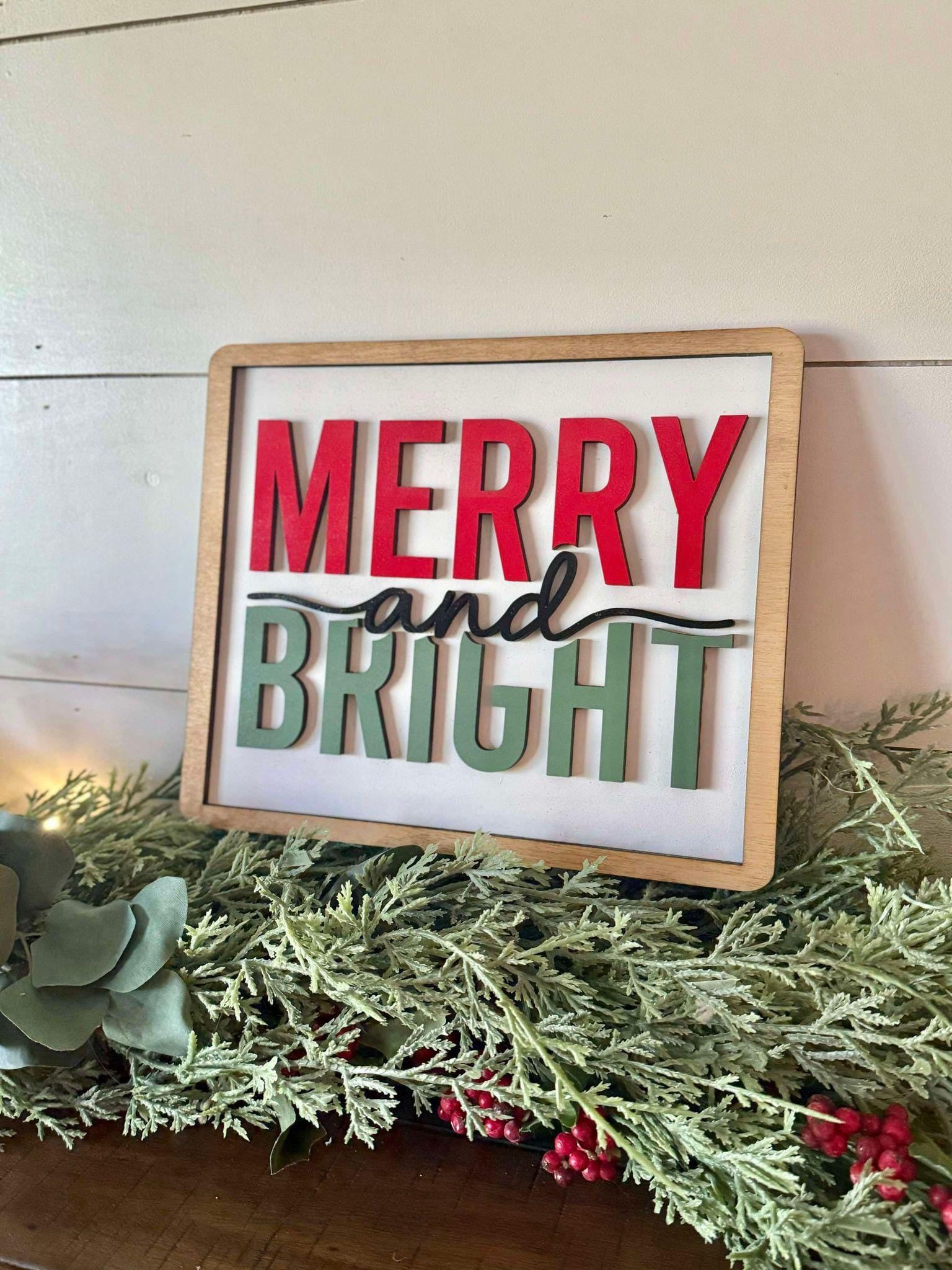 Merry and Bright Christmas Sign, Holiday Mantel Decor, Farmhouse Christmas Sign, Classic Christmas Decor