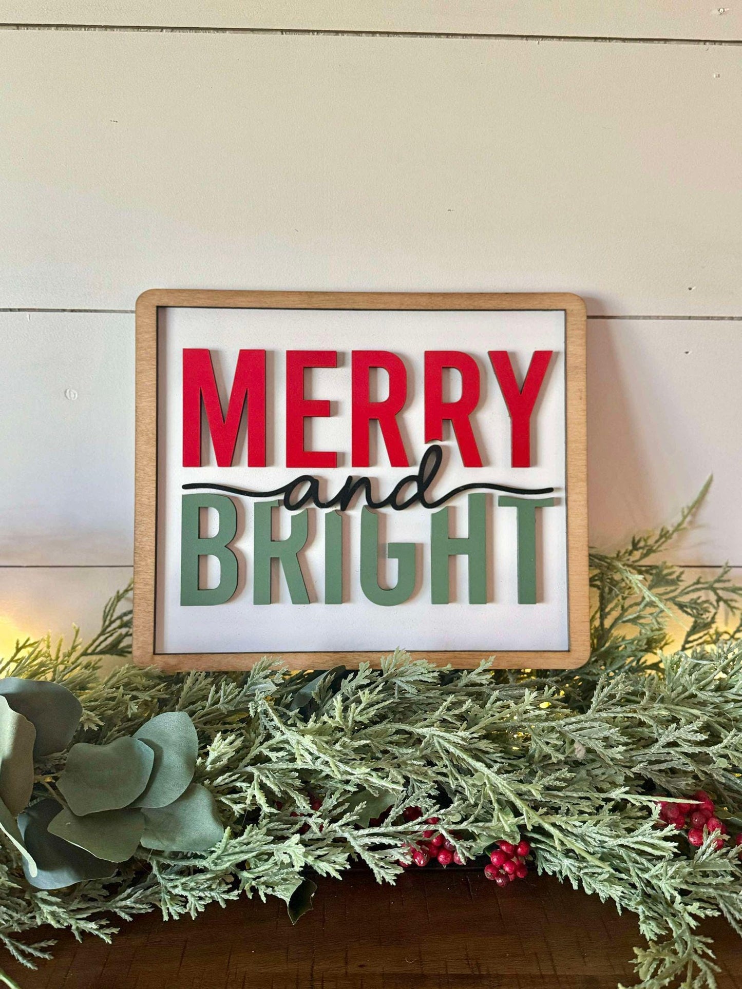 Merry and Bright Christmas Sign, Holiday Mantel Decor, Farmhouse Christmas Sign, Classic Christmas Decor