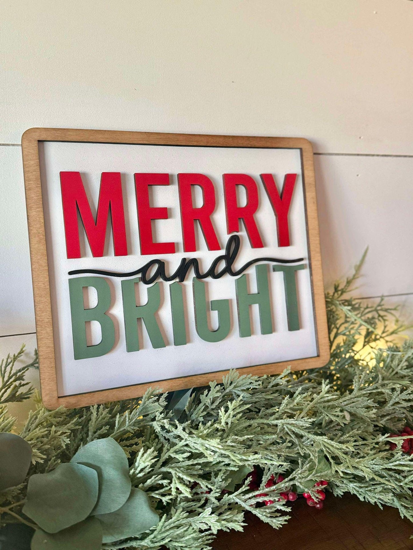 Merry and Bright Christmas Sign, Holiday Mantel Decor, Farmhouse Christmas Sign, Classic Christmas Decor