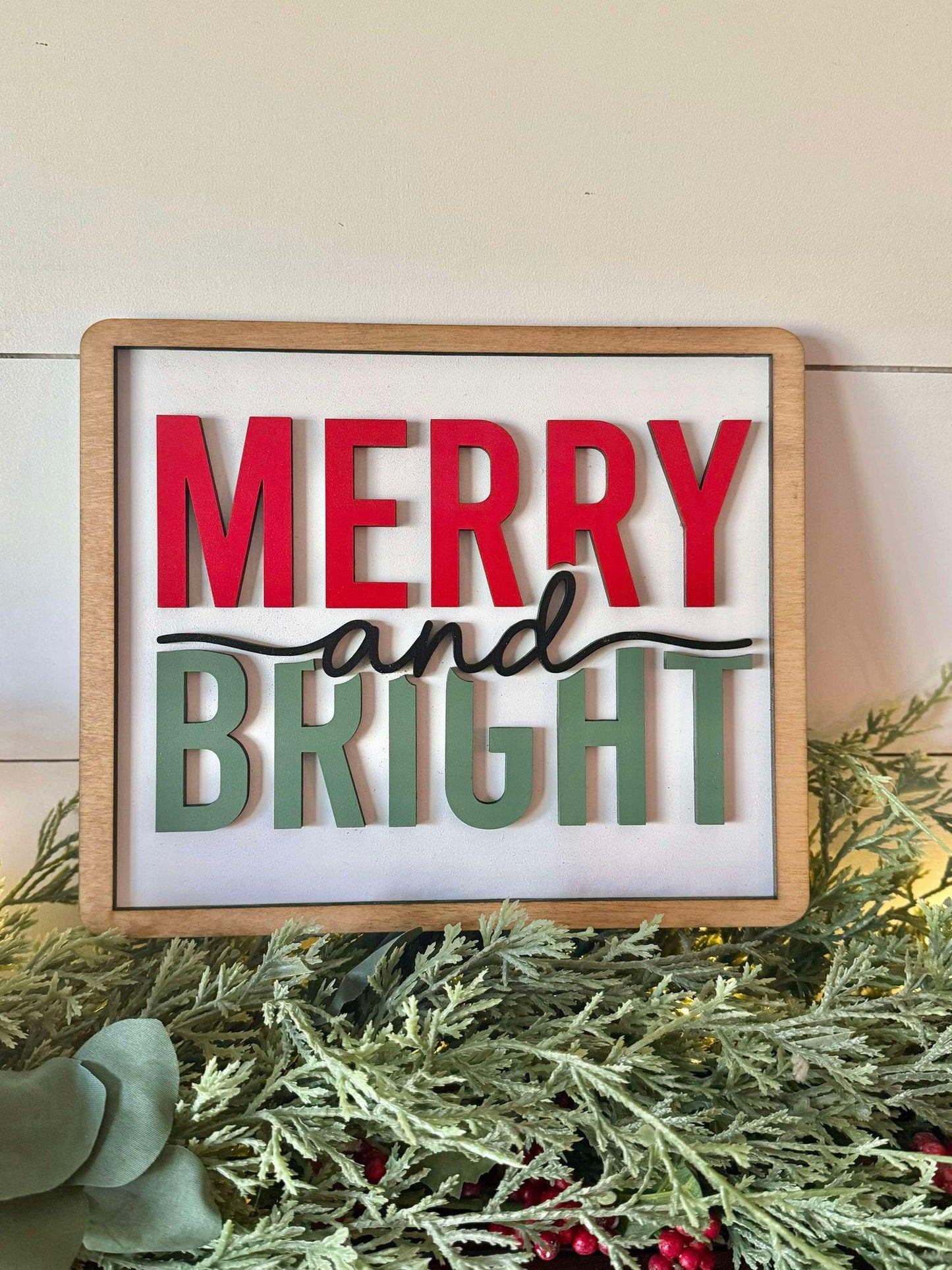 Merry and Bright Christmas Sign, Holiday Mantel Decor, Farmhouse Christmas Sign, Classic Christmas Decor