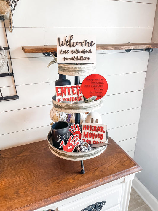 Horror Movie Tiered Tray Decor - Horror Movie Decorations - Welcome let's talk about serial killers - Horror movies and chill - Enter if you