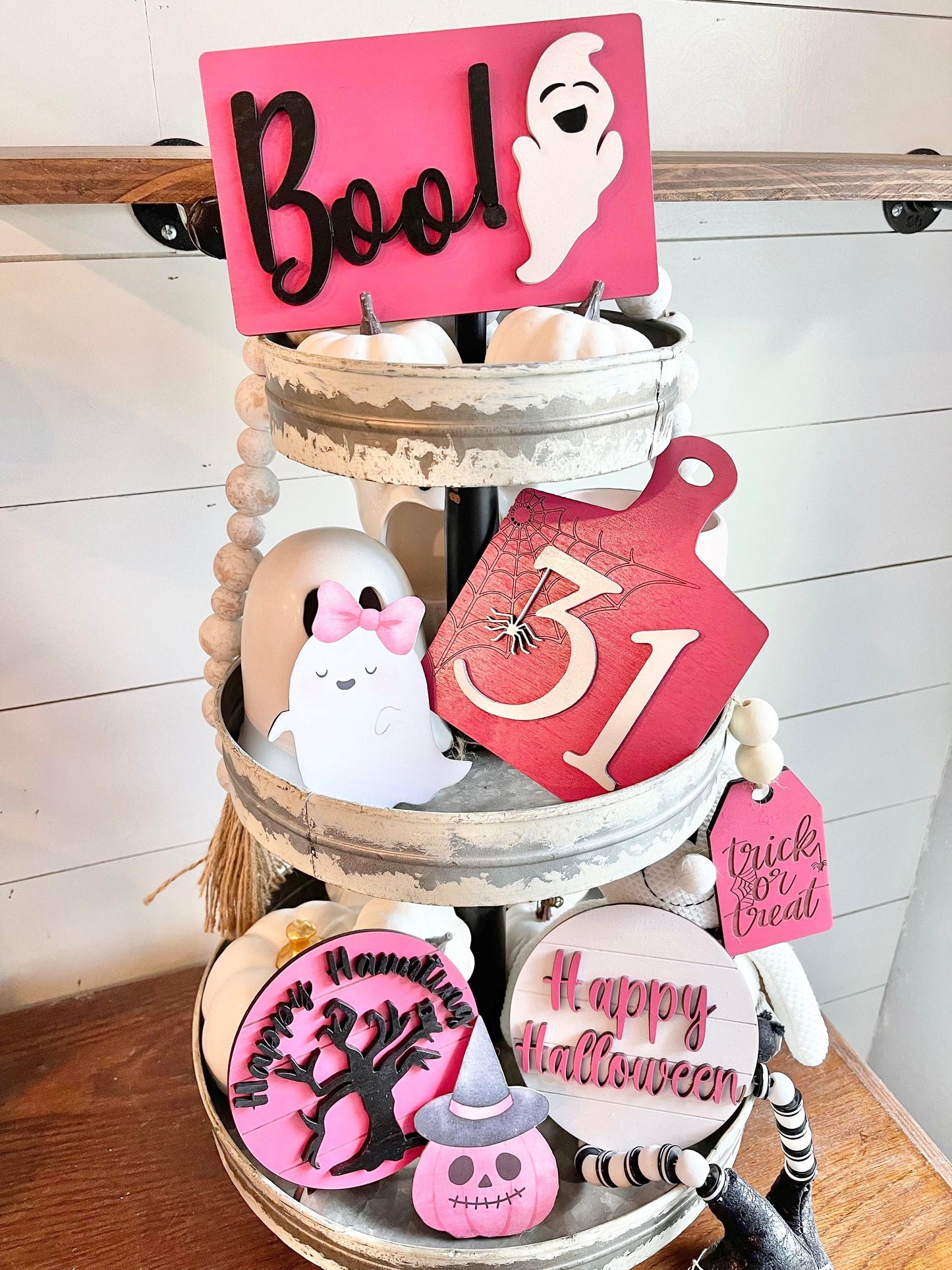 Pink Halloween Tiered Tray Decor - Pink Halloween Tiered Tray Bundle - Pink Halloween Signs - Pastel Halloween Decor - Girly Halloween Decor