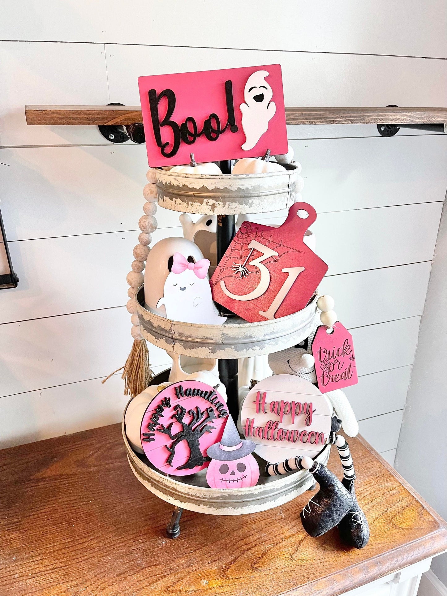 Pink Halloween Tiered Tray Decor - Pink Halloween Tiered Tray Bundle - Pink Halloween Signs - Pastel Halloween Decor - Girly Halloween Decor