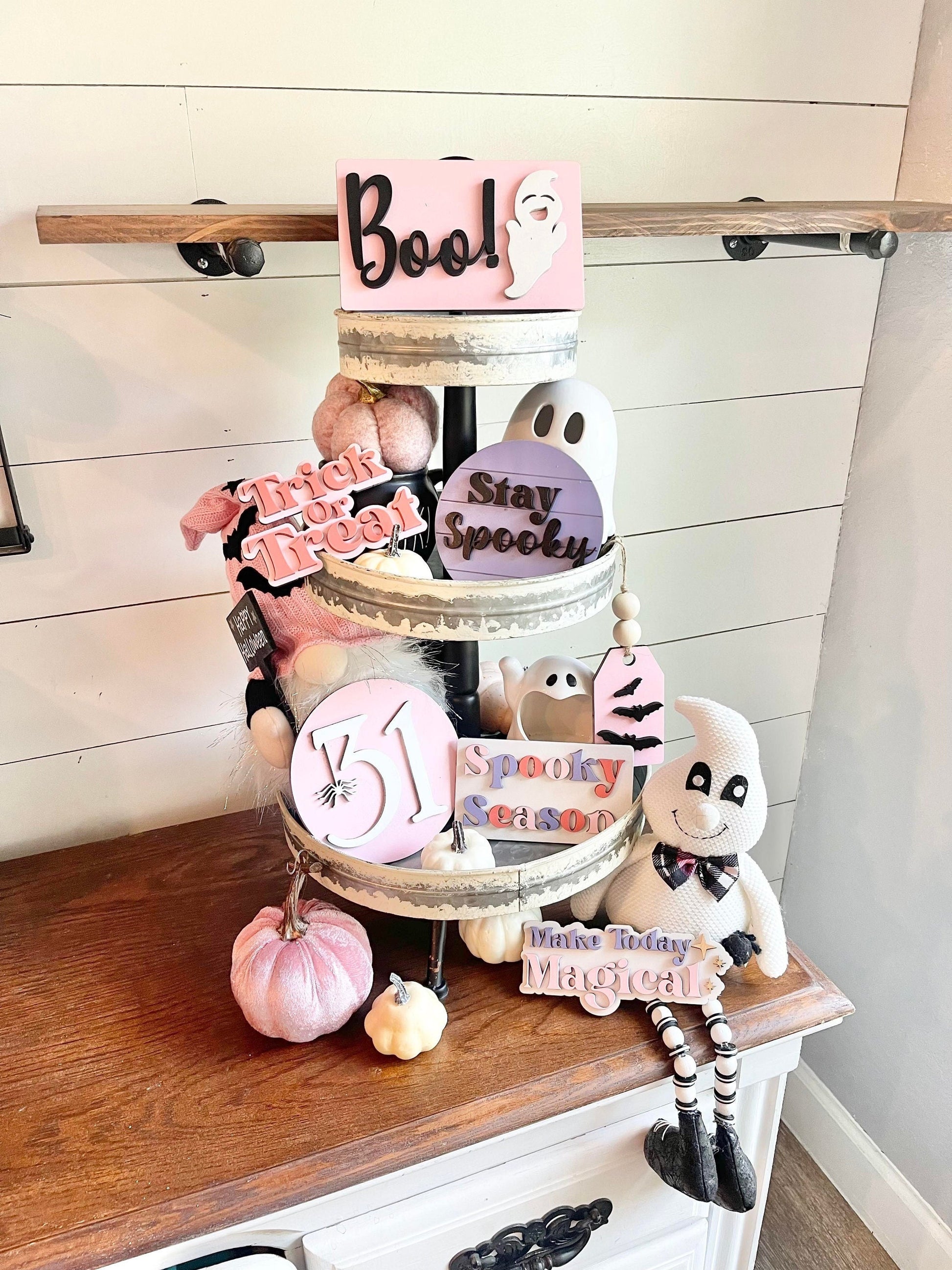 Pink Halloween Tiered Tray Decor - Pink Halloween Tiered Tray Bundle - Pastel Halloween Signs - Pastel Halloween Decor - Girly Halloween
