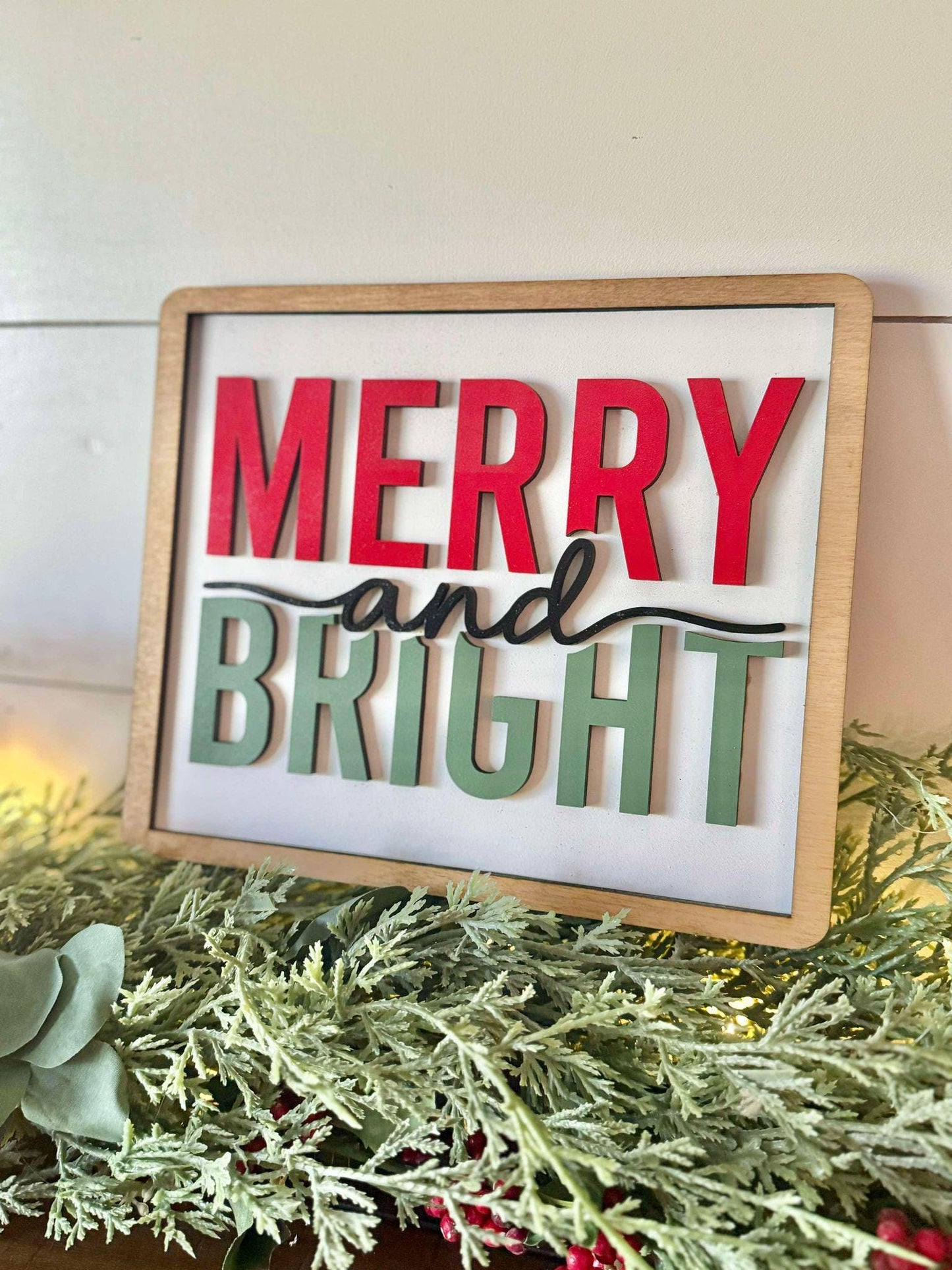 Merry and Bright Christmas Sign, Holiday Mantel Decor, Farmhouse Christmas Sign, Classic Christmas Decor
