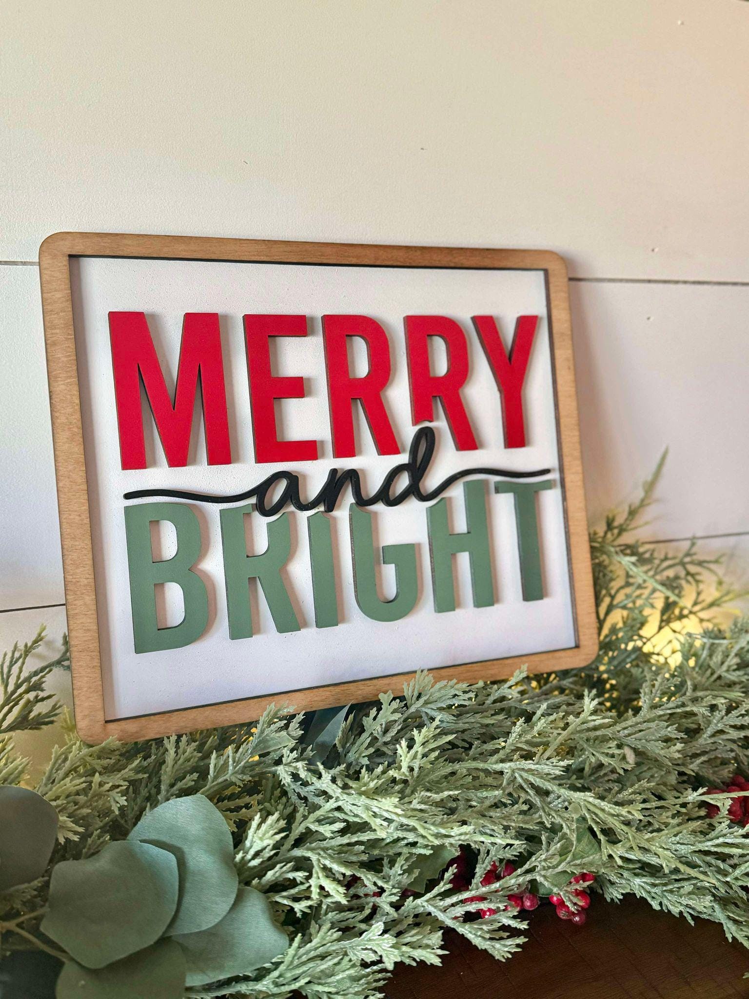 Merry and Bright Christmas Sign, Holiday Mantel Decor, Farmhouse Christmas Sign, Classic Christmas Decor