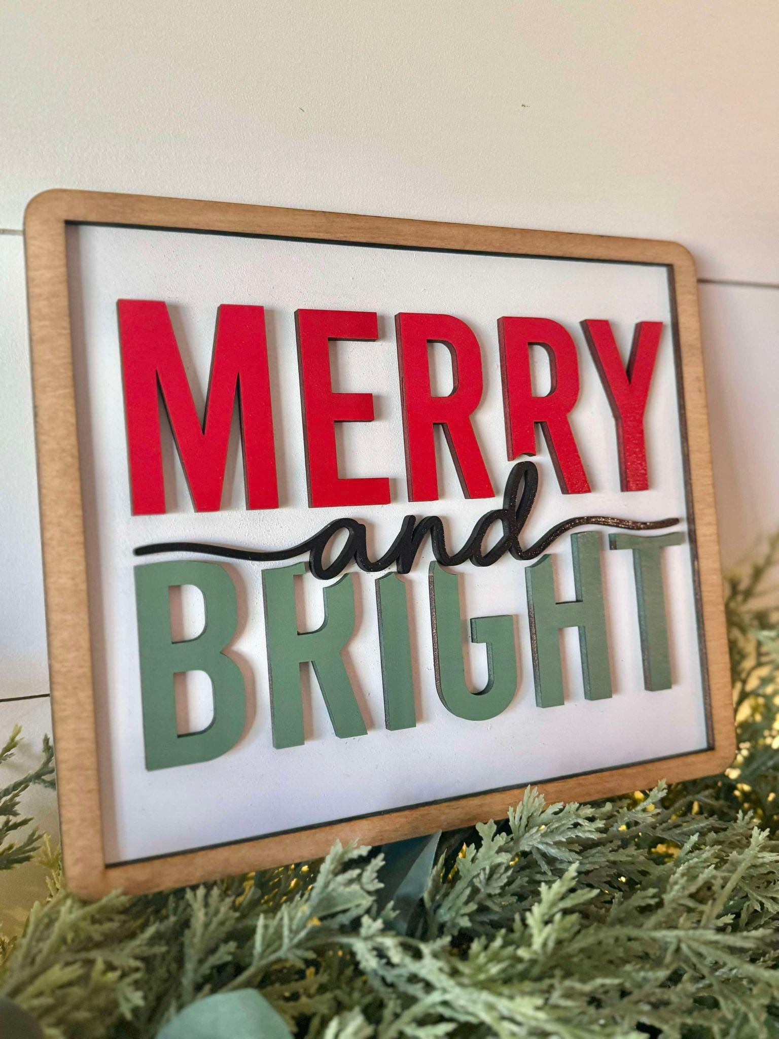 Merry and Bright Christmas Sign, Holiday Mantel Decor, Farmhouse Christmas Sign, Classic Christmas Decor